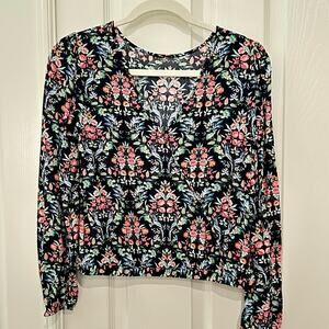 Ann Taylor Loft Floral Trellis‎ Wrap Back Top Blouse Womens Medium M Navy